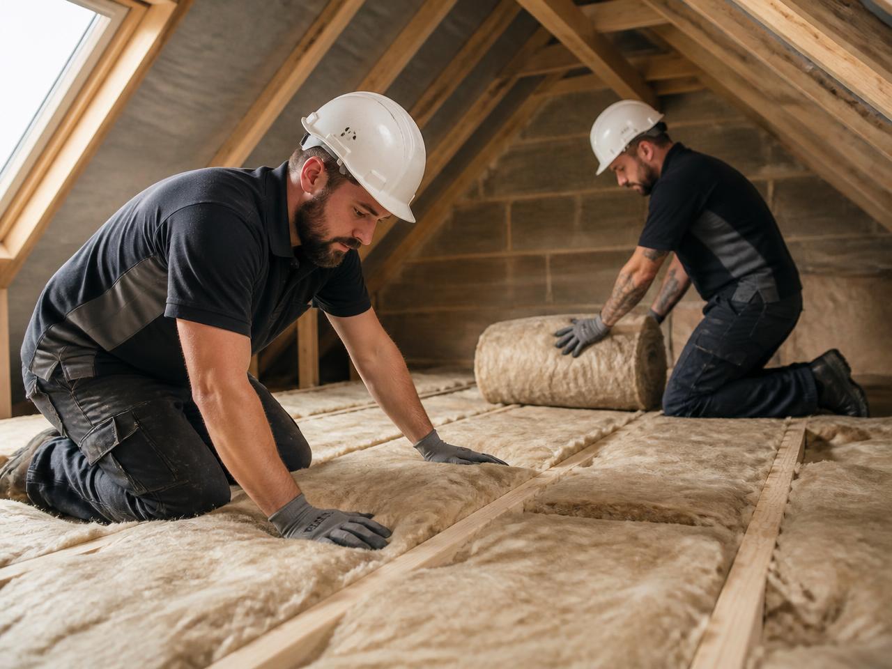 Two Warm Homes Approach installers laying loft insulation between joists
