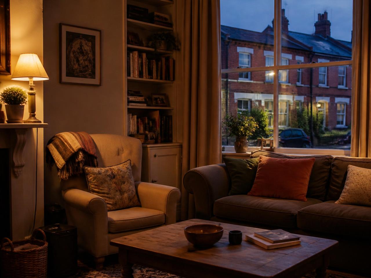 A warm, softly lit living room in a UK home on a winter evening